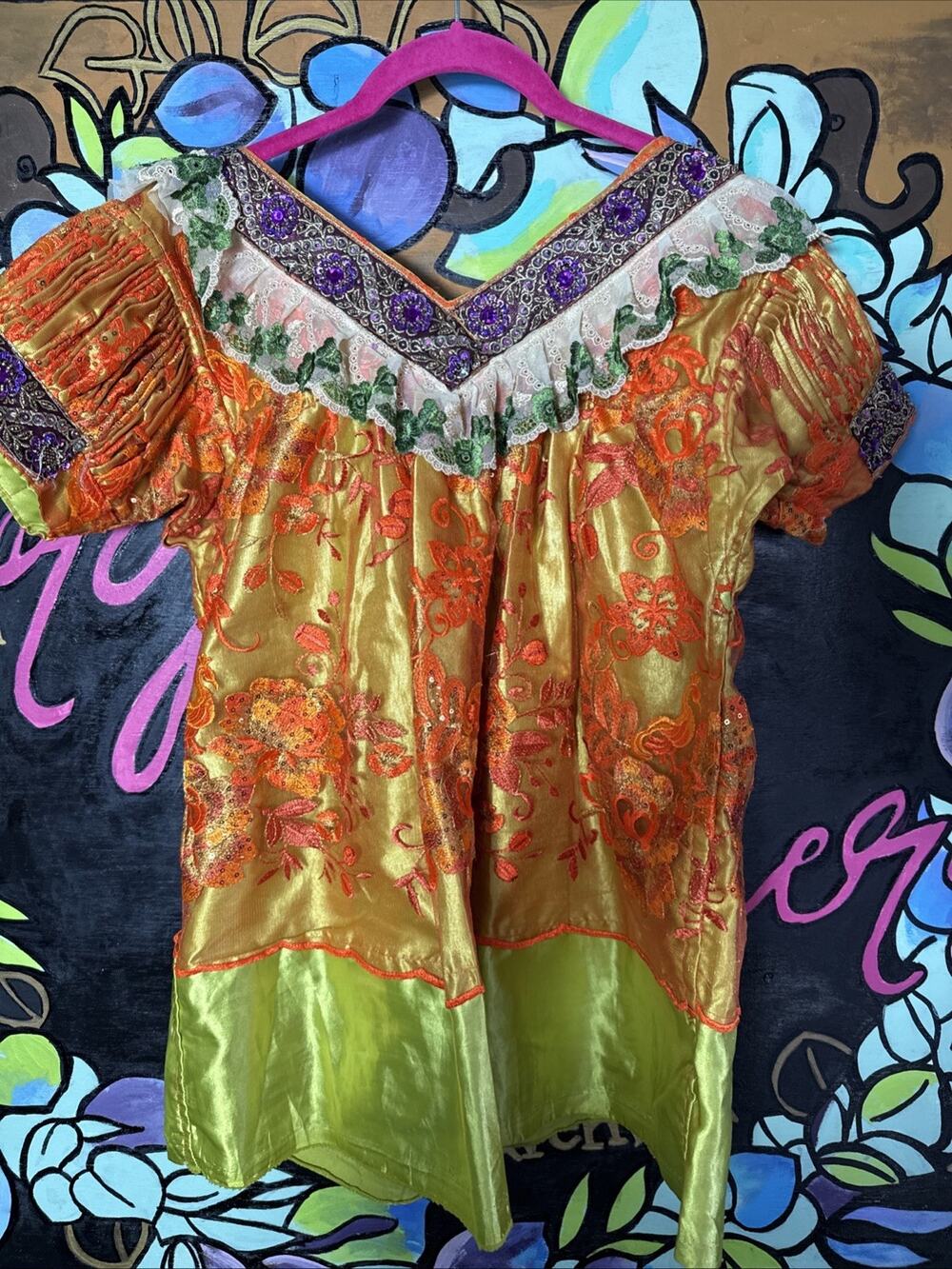 Guatamalean Mayan Blouse blusas de Quiché, Orange & Green, Size Small (See Desc)
